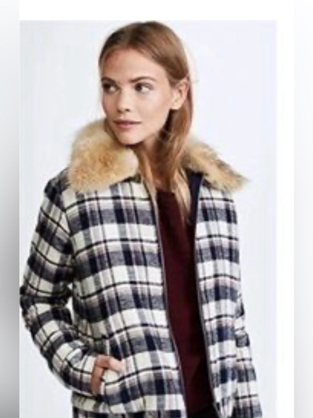 Jenni Kayne Plaid Flannel check Coyote Fur Collar Coat in Navy & Cream